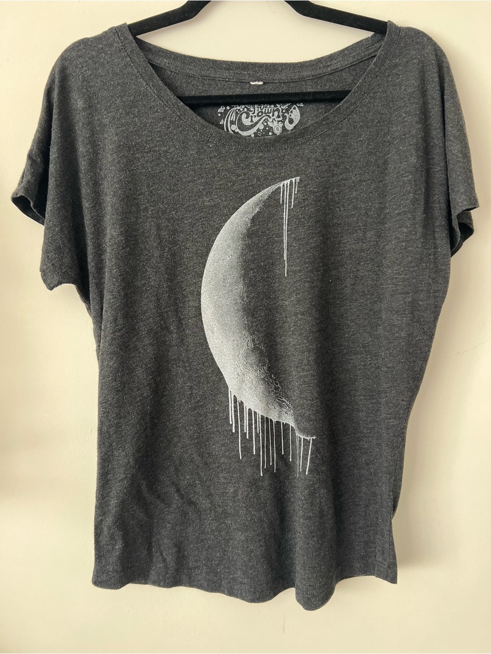 Crown Charcoal Gray Short Sleeve Tee with White Drip Moon Graphic